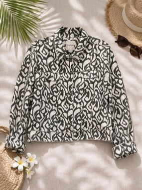 Tommy Bahama Linen Ikat Jacket XL Palm Verde Raw Edge Crop NWOT Coastal Chic